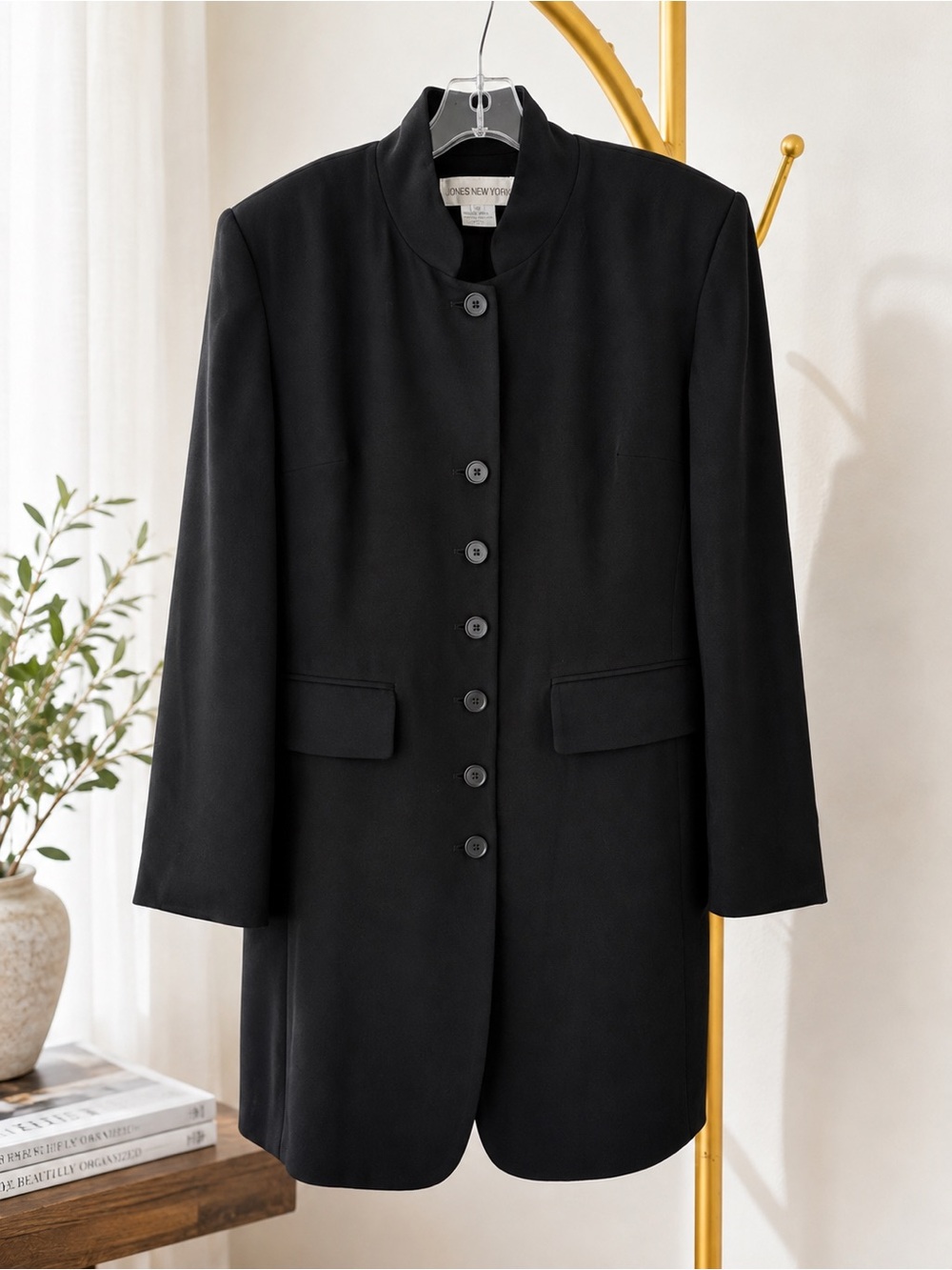 Vintage Jones New York Black Collarless Longline Topper Jacket Minimalist Sz. 10